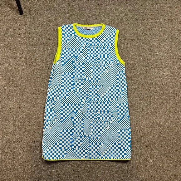 Zara Blue White Checker Print Neon Trim Knit Mod Sleeveless Mini Dress Size M - Picture 1 of 6